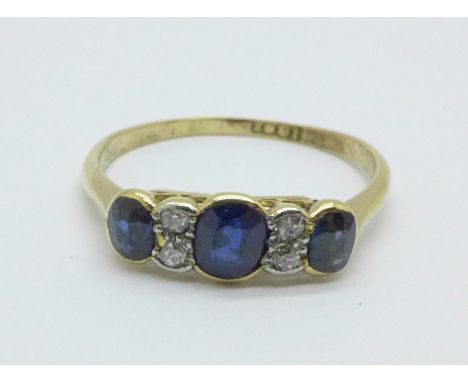 An early 20th Century 18ct gold, sapphire and diamond ring, 2.2g, R 