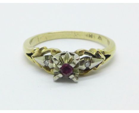 A 14ct gold, ruby and diamond ring, 3g, M 