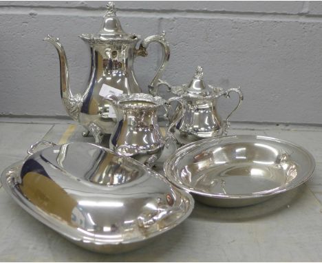 A three piece plated tea service, a plated tureen and a plated dish **PLEASE NOTE THIS LOT IS NOT ELIGIBLE FOR POSTING AND PA