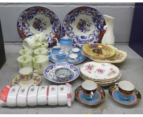 A collection of china including Aynsley side plates, Royal Crown Derby side plates, oriental bowls and dishes, assorted cups 