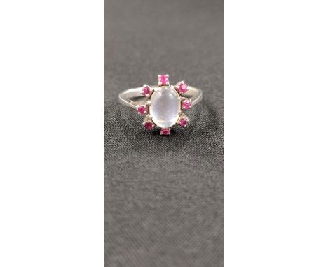 14K WHITE GOLD RUBY AND MOONSTONE RING