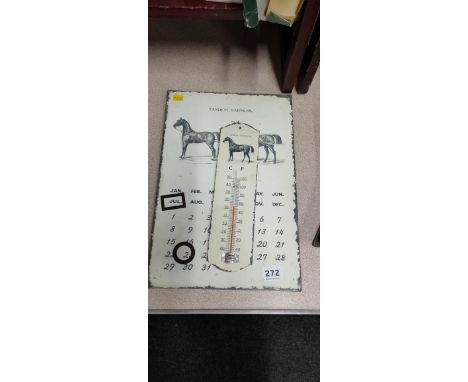TIN PLATE HORSE AND CALENDAR AND THERMOMETER