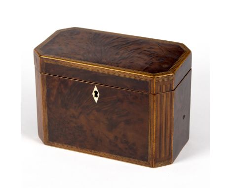 A burr yew wood tea caddy, circa 1810, of rectangular canted corner form, 18.5cm wide