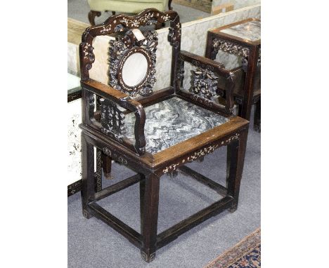 A pair of Chinese hardwood armchairs with marble seats inlaid mother-of-pearl/Provenance: The Down House, Redmarley/see illus