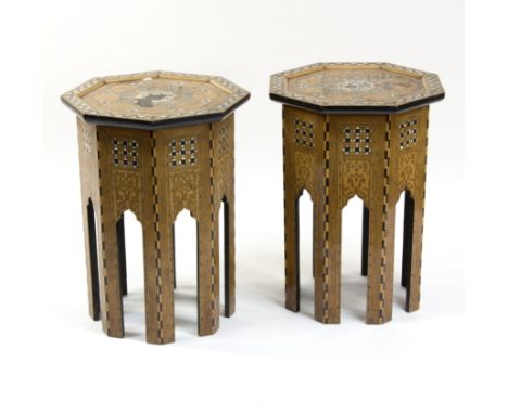 A pair of inlaid octagonal tables, each with mother-of-pearl and ebony geometric inlay, 46cm wide