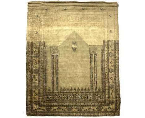 A Tabriz silk prayer rug, Northwest Persia, circa 1900, the olive green mihrab with a hanging lamp, palmette and curled leaf 