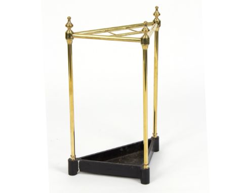 A brass corner stick stand with iron tray, 61cm x 40cm