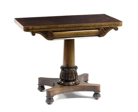 A William IV rosewood card table on a carved and turned column and quadruple support, 92cm wide/Provenance: The Down House, R