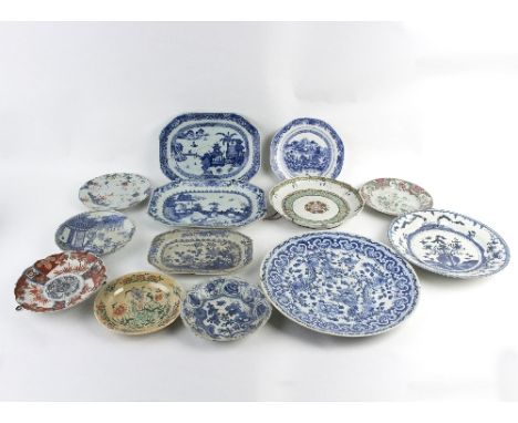 Two Kangxi rectangular blue and white plates, 35cm and 32cm wide and sundry other Oriental plates/Provenance: Treago Castle, 
