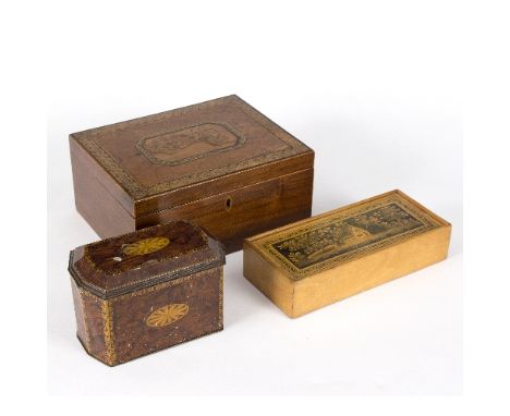 A rectangular rosewood box with penwork banding, 24cm wide, a penwork box with sliding lid, 23cm wide and a simulated wood ti
