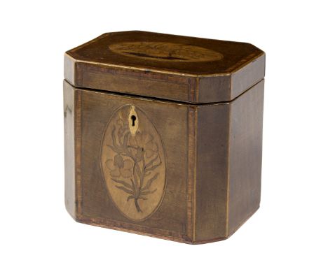 A George III harewood and floral inlaid cuboid tea caddy, with canted corners, 12cm wide/see illustration