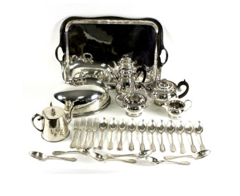 A group of silver plated wares, comprising a James Deakin tray, an Elkington, Mason & Co. oval dish cover, a four-piece tea s