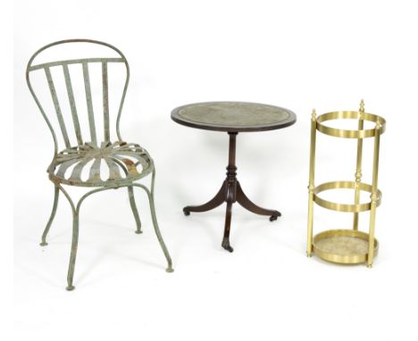 A gilt metal stick stand, a painted metal garden seat and a small mahogany oval table