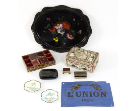 An oval tin tray painted with flowers, 35cm wide, a shell set box, two enamel trays and two hardstone boxes