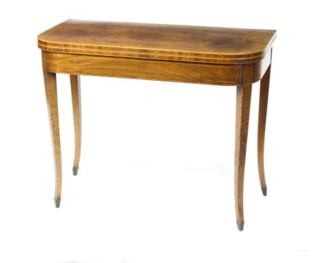 A George III mahogany and boxwood inlaid D-shaped card table, the fold over top on slightly outswept legs, 91.5cm wide   Cond