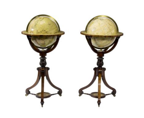 A pair of early Victorian terrestrial and celestial 12" globes, by Newton & Son, on mahogany stands, each globe with brass me