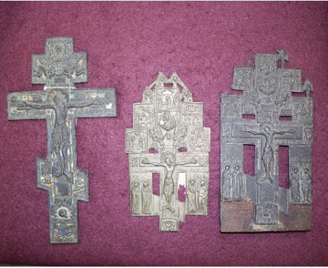 A Greek bronze cross icon with coloured enamel decoration and two other icon crosses/Provenance: Treago Castle, Herefordshire