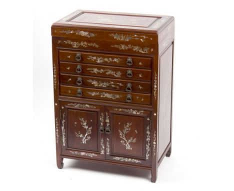 A Chinese canteen cupboard inlaid with flowering branches and birds in mother-of-pearl, 56cm wide