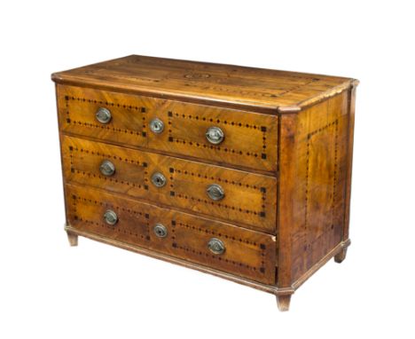 A South German walnut and marquetry three-drawer commode, circa 1800, with canted corners and squat tapering feet, inlaid thr