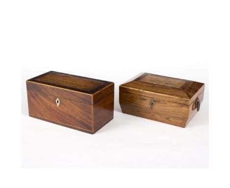 A Regency rosewood jewellery box, the lid with panel printed with mother and child, 20cm wide and a crossbanded and chequer i