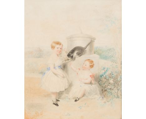 James Holmes (1777-1860)/Portrait of John Townshend and Charles Brooke/playing with a cat by a sundial/signed and dated 1848/