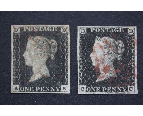 Great Britain 1840 1d black, lettered AK, CC, both Plate II with good to large margins and light red MC, good used
