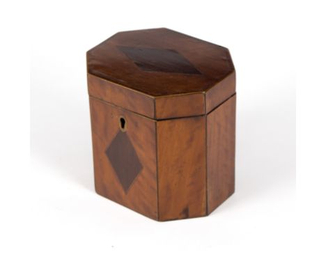 A Georgian octagonal satinwood tea caddy, with lozenge inlaid panel, 13.5cm wide