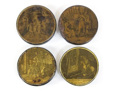 Four 19th Century papier-mâché circular patch boxes, the covers set with engraved and named scenes
