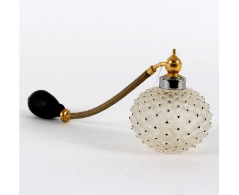 A Lalique Cactus frosted glass perfume atomiser with moulded and tipped enamelled body, gilt metal fitting and rubber pump (a