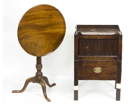 A mahogany tray-top commode with tambour slide above a single drawer, 48cm wide and a mahogany tilt-top table, 58cm wide
