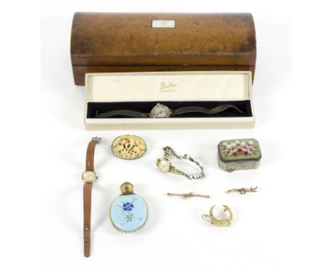 A 9ct gold cased wristwatch with subsidiary dial, a Victorian gold seed pearl crescent brooch, two bar brooches, a 19th Centu