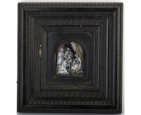 A Limoges style enamel panel, depicting the Annunciation, enamel on copper, 7cm x 6cm