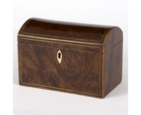 A 19th Century burr yew wood dome topped rectangular tea caddy, 18.5cm wide