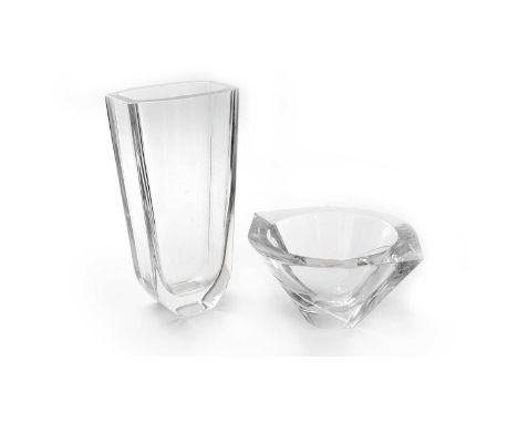 An Orrefors heavy glass vase, engraved marks, 30cms; and an Orrefors glass bowl, 26cms. (2)