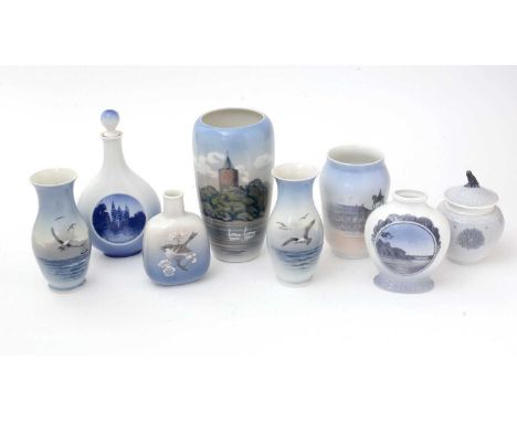 Six various small Royal Copenhagen vases, printed with various designs including sparrow, seagulls in flight, ancient church 