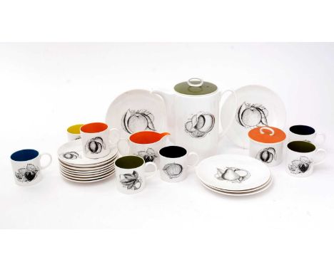 A Susie Cooper bone china Harlequin coffee service, each piece printed in black with fruit, comprising; seven coffee cans, ei