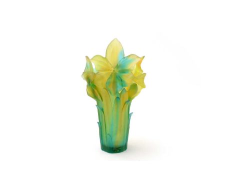 A Daum Pate-de-Verre Amaryllis Jade glass vase, engraved marks 'Daum France' numbered 251, 39cms (damaged).