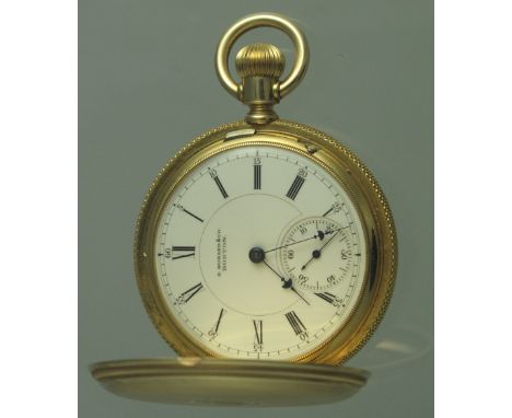 18CT GOLD FULL HUNTER POCKET WATCH with engine turned and engraved outer case, Roman enamel face with seconds dial marked R. 