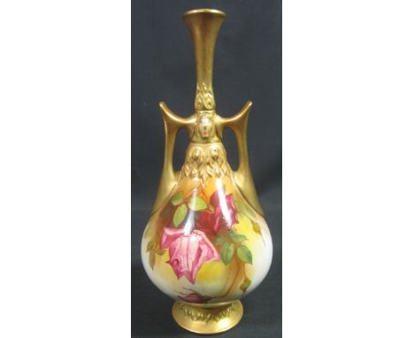 LATE 19TH CENTURY ROYAL WORCESTER PORCELAIN TWO HANDLED BOTTLE SHAPED VASE painted by W. Austin, overall with pink roses and 