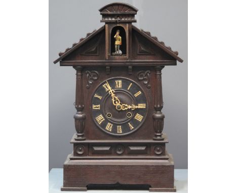19TH CENTURY BAVARIAN STAINED ARCHITECTURAL AUTOMATON TWO TRAIN CLOCK having Roman numerals, trumpeting soldier automaton and