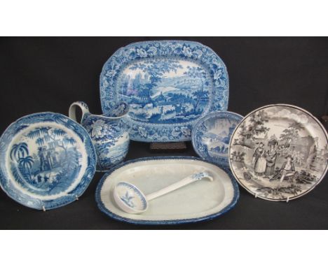 COLLECTION OF 19TH CENTURY TRANSFER PRINTED WELSH POTTERY ITEMS to include: a pair of Dillwyn &amp; Co fisherman plates, Dill