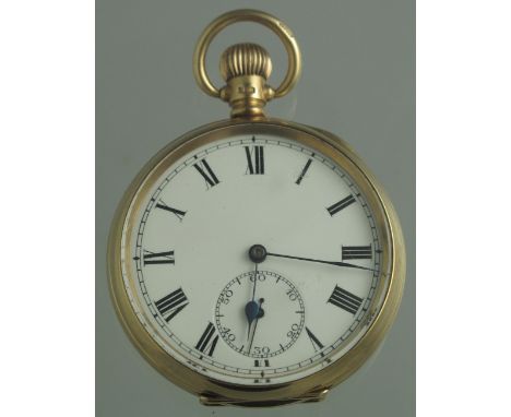 9CT GOLD KEYLESS LEVER OPEN FACED POCKET WATCH having white enamel face with Roman numerals and seconds dial. Dennison case a