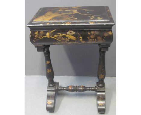 19TH CENTURY LACQUERED CHINOISERIE DECORATED WORK TABLE covered in oriental style designs of eagle and other birds amongst fo