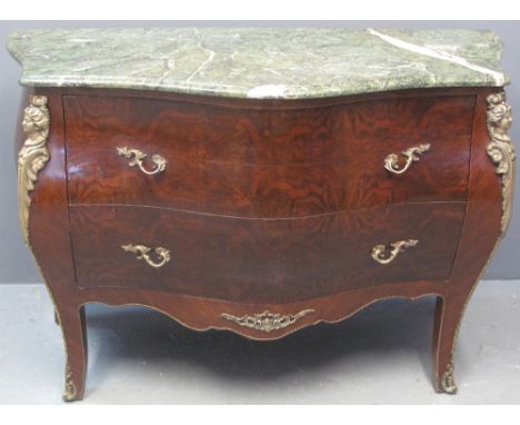 FRENCH STYLE SIMULATED WALNUT BOMBE TWO DRAWER COMMODE having veined marble top and overall with yellow metal mounts on outsw