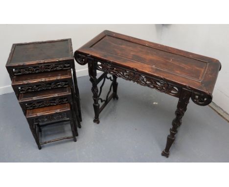 CHINESE HARDWOOD RECTANGULAR CONSOLE TABLE, having moulded top, above a pierced frieze witgh berry and foliage decoration, to