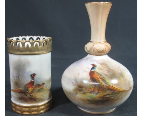 ROYAL WORCESTER PORCELAIN BOTTLE VASE hand painted and signed by James Stinton and decorated with a peacock amongst foliage. 