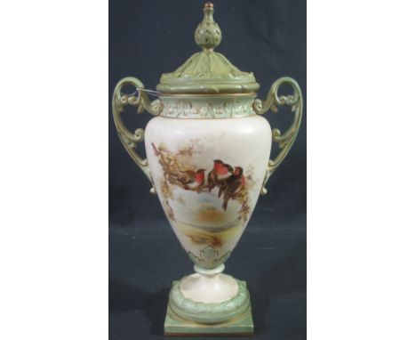 ROYAL CHINA WORKS WORCESTER ENGLAND PORCELAIN TWO HANDLED URN SHAPED VASE AND COVER hand painted with robins perched on folia