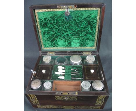 19TH CENTURY CAMPAIGN STYLE ROSEWOOD BOULLE WORK TRAVELLING LADIES VANITY BOX, of rectangular form having foliate inlaid deco
