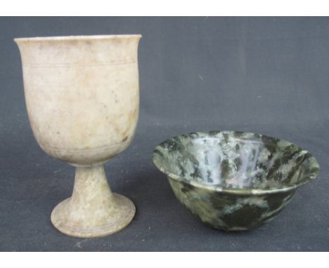 CHINESE SPINACH JADE PEDESTAL BOWL TOGETHER WITH A CARVED PEDESTAL WINE CUP, possibly Chinese, possibly jade. Chinese bowl is