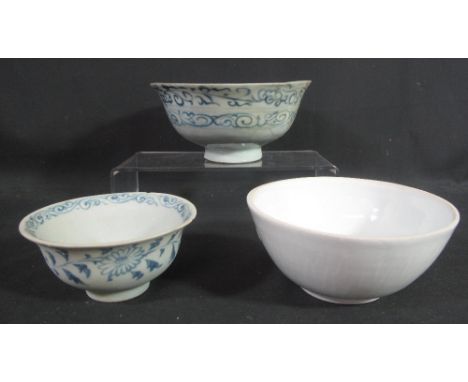 GROUP OF THREE CHINESE PORCELAIN BOWLS to include: Yuan dynasty blue and white wreck salvage bowl, a Song/Yuan style bowl wit